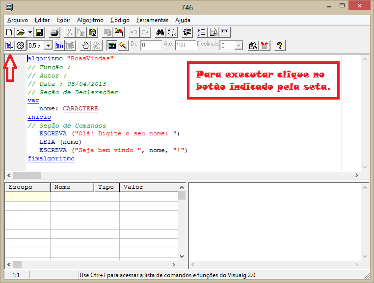 Código desenvolvido no VisualG 3.0